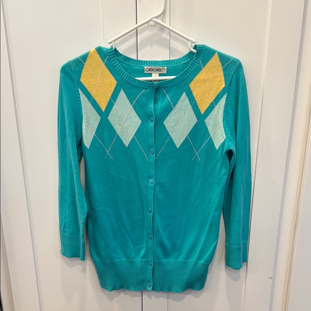 Cherokee Turqoiuse and Yellow Cardigan Sweater